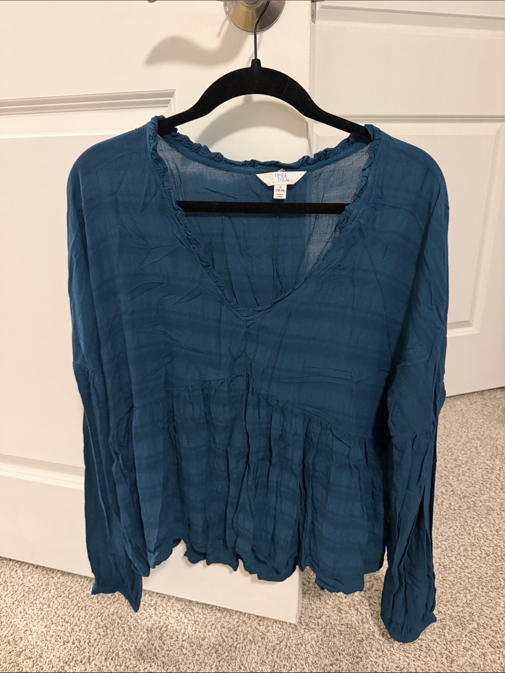 Time and Tru Teal V-Neck Long-Sleeve Peasant Blouse